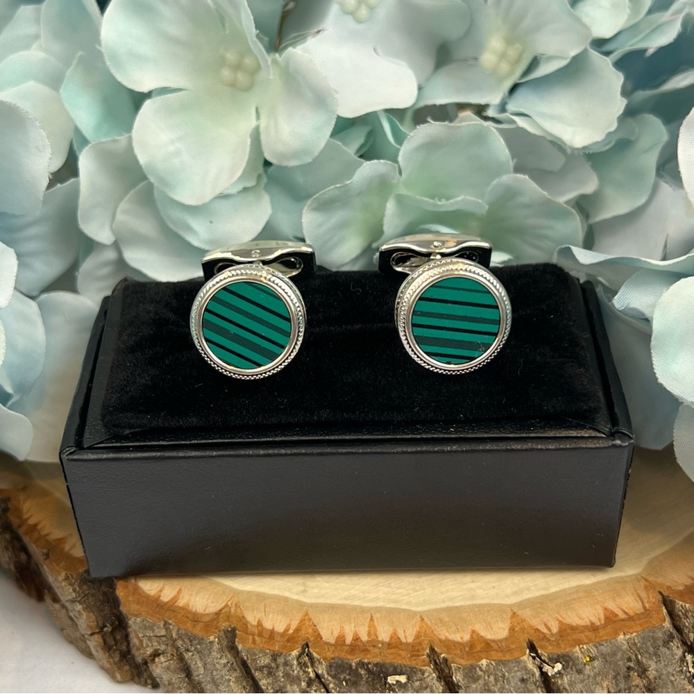 Stunning Green Malachite Round Silver Cufflinks - Picture 2 of 16